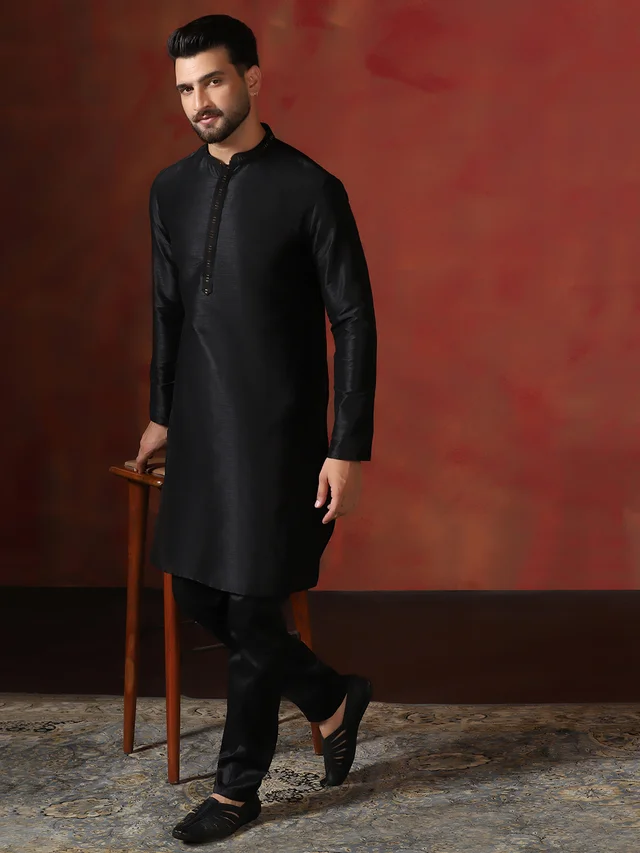 Black Dupion Solid Kurta & Churidar Set - Style 1153