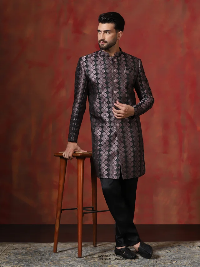 Brown Cotton Blend Printed Sherwani & Pyjama Set