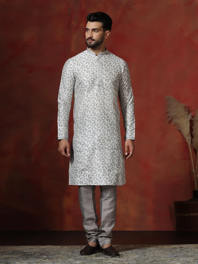 Grey Dupion Printed Kurta & Churidar Set - Style 1191