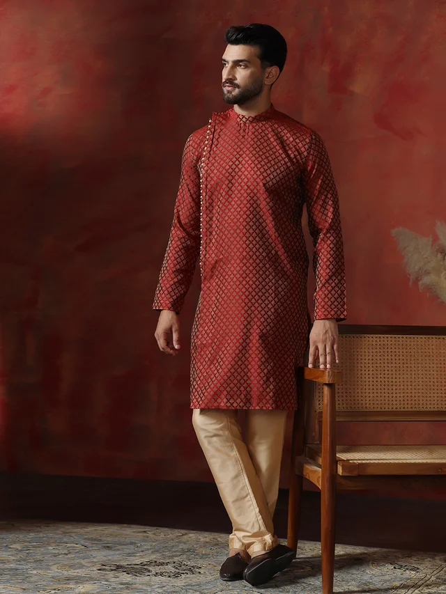 Maroon Cotton Blend Printed Kurta & Pyjama Set - Style 1215