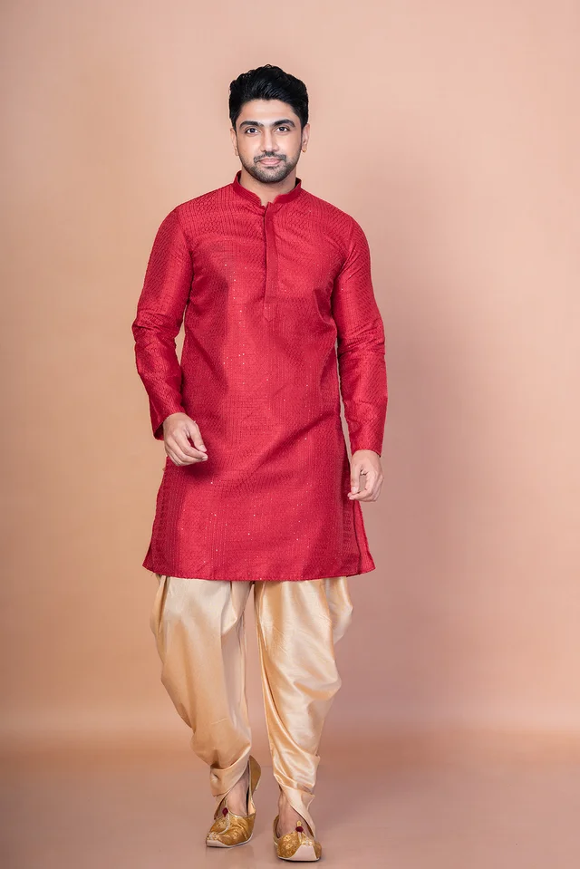 Red Bangalore Silk Embroidered Kurta & Pyjama Set - Style 1201