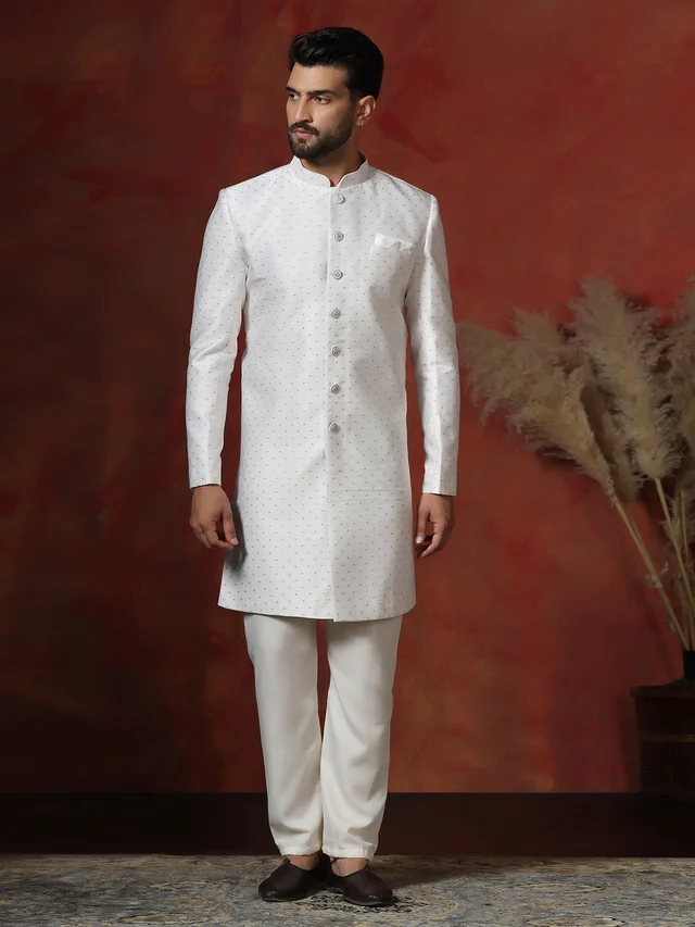White Cotton Blend Printed Sherwani & Pyjama Set