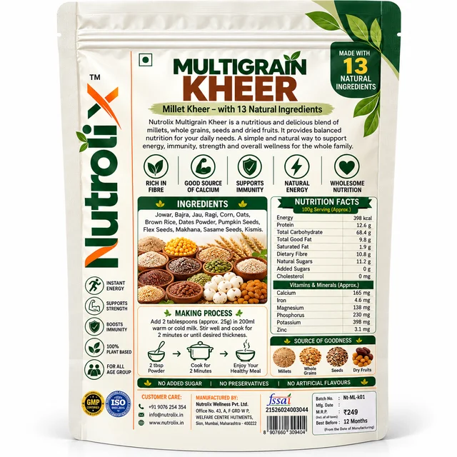 Nutrolix Multigrain Kheer 375g | 8+ Grain Kheer Mix | Zero Added Sugar | Healthy Breakfast & Dessert | Oats, Ragi, Jowar, Bajra & Quinoa