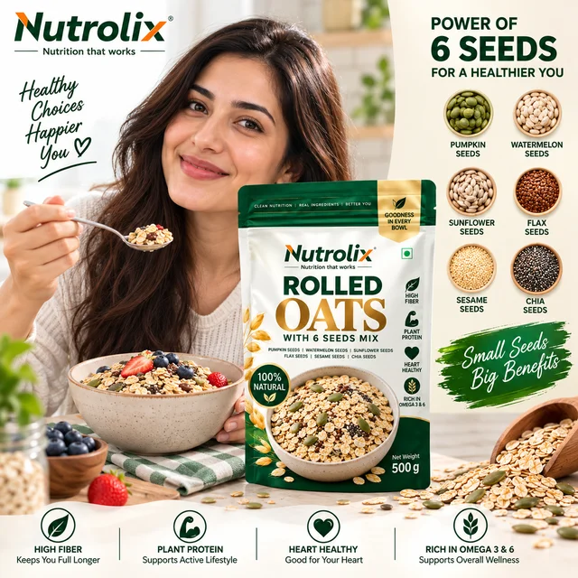 Nutrolix Multigrain seeds Rolled Oats | Pumpkin, Watermelon, Sunflower, Flax, Sesame & Chia Seeds | High Fiber Breakfast Oats | 375g