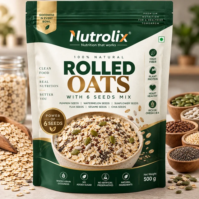 Nutrolix Multigrain seeds Rolled Oats | Pumpkin, Watermelon, Sunflower, Flax, Sesame & Chia Seeds | High Fiber Breakfast Oats | 375g