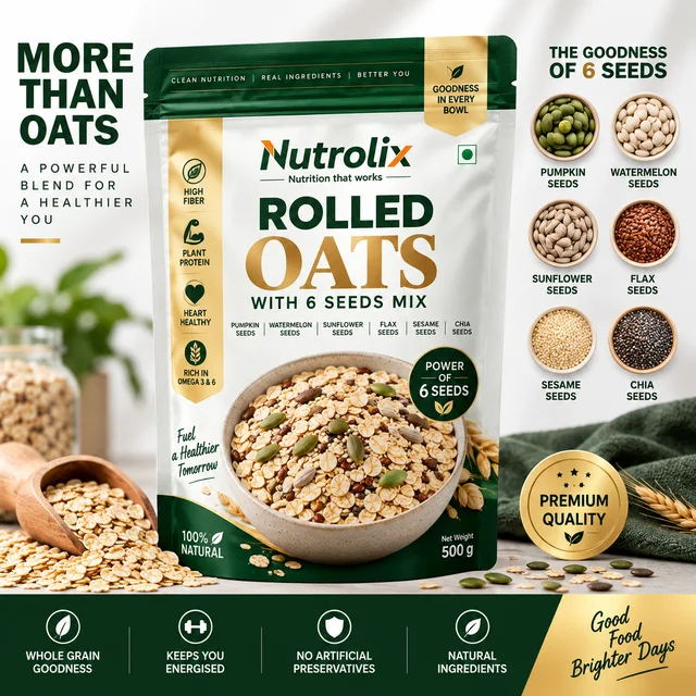 Nutrolix Multigrain seeds Rolled Oats | Pumpkin, Watermelon, Sunflower, Flax, Sesame & Chia Seeds | High Fiber Breakfast Oats | 375g