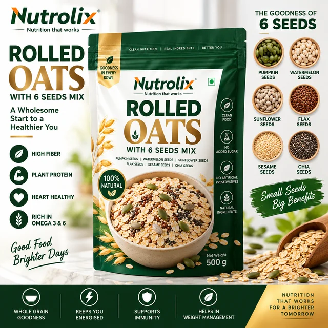 Nutrolix Multigrain seeds Rolled Oats | Pumpkin, Watermelon, Sunflower, Flax, Sesame & Chia Seeds | High Fiber Breakfast Oats | 375g