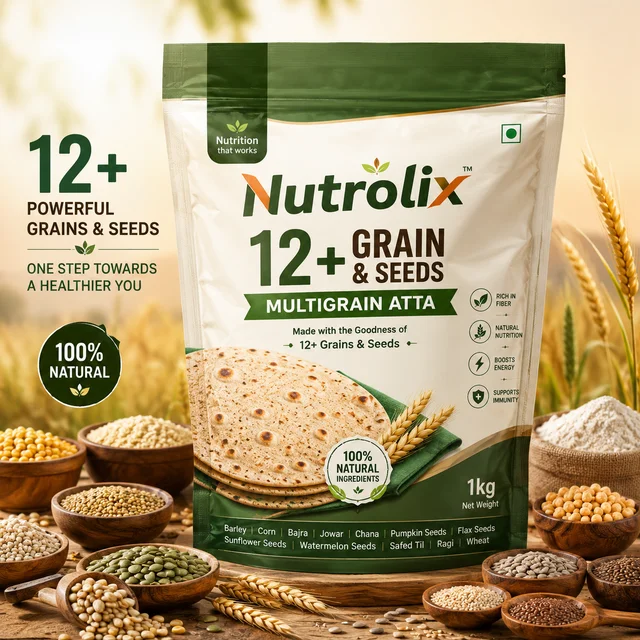 Nutrolix 12+ Grain Seeds Multigrain Protein Atta | High Protein & Fiber | 1KG