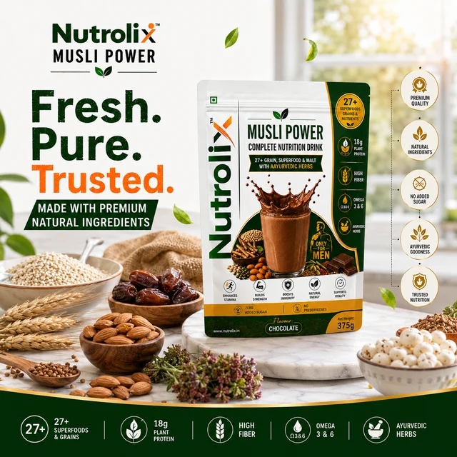 Musli & Ashwagandha & 25+ Power Nutrition Drink Natural Chocolate | 375g | Nutrolix