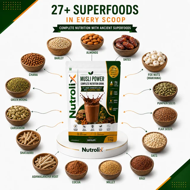 Musli & Ashwagandha & 25+ Power Nutrition Drink Natural Chocolate | 375g | Nutrolix