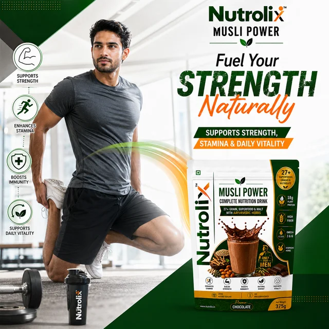 Musli & Ashwagandha & 25+ Power Nutrition Drink Natural Chocolate | 375g | Nutrolix