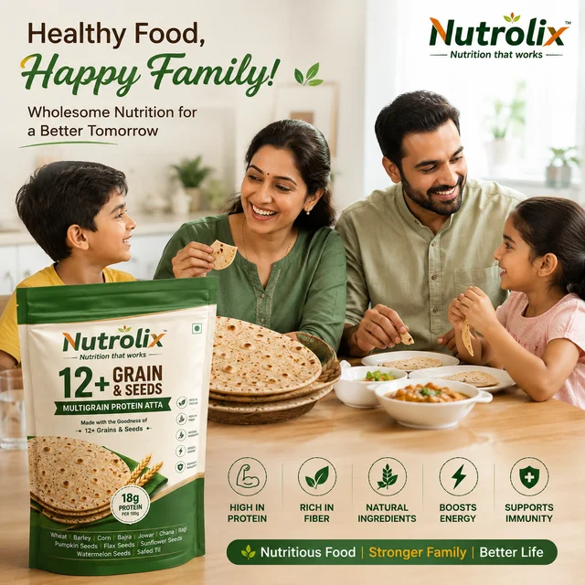 Nutrolix 12+ Grain Seeds Multigrain Protein Atta | High Protein & Fiber | 1KG