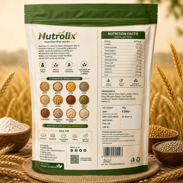 Nutrolix 12+ Grain Seeds Multigrain Protein Atta | High Protein & Fiber | 1KG