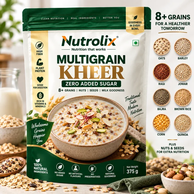 Nutrolix Multigrain Kheer 375g | 8+ Grain Kheer Mix | Zero Added Sugar | Healthy Breakfast & Dessert | Oats, Ragi, Jowar, Bajra & Quinoa