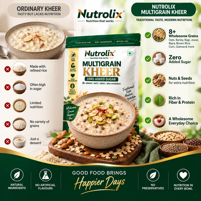 Nutrolix Multigrain Kheer 375g | 8+ Grain Kheer Mix | Zero Added Sugar | Healthy Breakfast & Dessert | Oats, Ragi, Jowar, Bajra & Quinoa