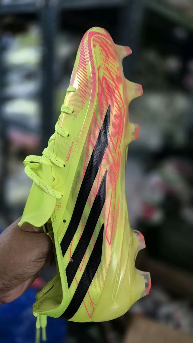 F50 Hyperfast EVO football/soccer With Less cleat. Solar Yellow, Core Black, and Solar Turbo Pink boot. - UK 6.5