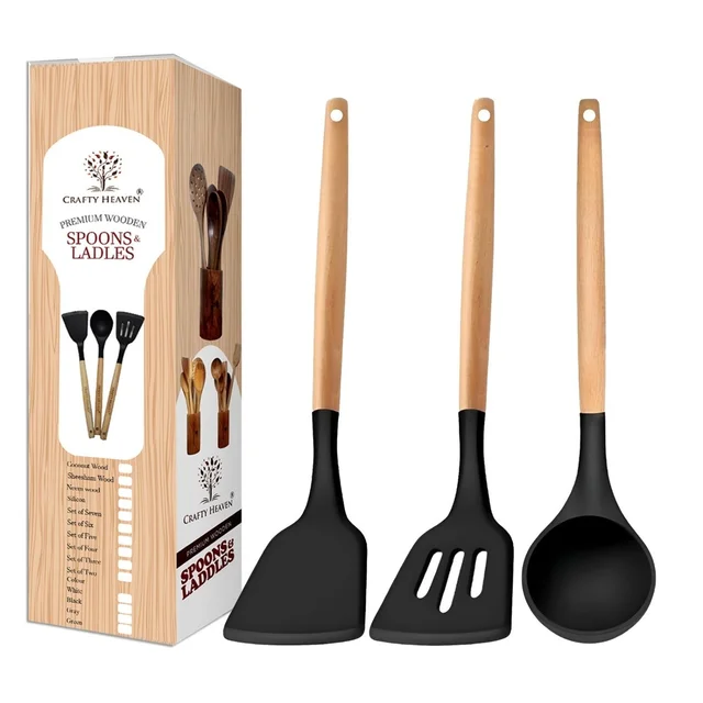 Silicone Spatula Set for Kitchen Ideal for Non-Stick Cooking Pans Ladles Natural Acacia Hard Wood Handle Turner Serving Cooking Spoon for Omelet Egg Dosa chapati Set of 3 (Black)