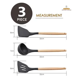 Silicone Spatula Set for Kitchen Ideal for Non-Stick Cooking Pans Ladles Natural Acacia Hard Wood Handle Turner Serving Cooking Spoon for Omelet Egg Dosa chapati Set of 3 (Black) - Standerd, Black