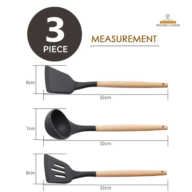 Silicone Spatula Set for Kitchen Ideal for Non-Stick Cooking Pans Ladles Natural Acacia Hard Wood Handle Turner Serving Cooking Spoon for Omelet Egg Dosa chapati Set of 3 (Black) - Standerd, Black
