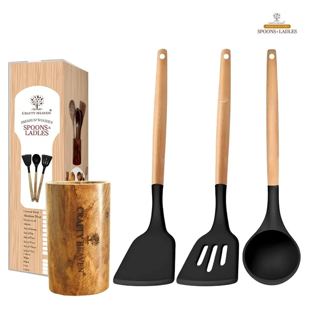 Silicone Spatula Set for Kitchen Ideal for Non-Stick Cooking Pans Ladles Natural Acacia Hard Wood Handle Turner Serving Cooking Spoon for Omelet Dosa chapati with Wooden Holder Set of 4 (Black)