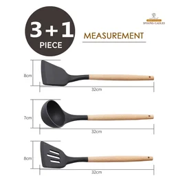 Silicone Spatula Set for Kitchen Ideal for Non-Stick Cooking Pans Ladles Natural Acacia Hard Wood Handle Turner Serving Cooking Spoon for Omelet Dosa chapati with Wooden Holder Set of 4 (Black) - Standard, Black