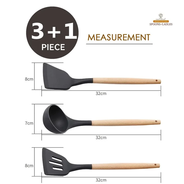 Silicone Spatula Set for Kitchen Ideal for Non-Stick Cooking Pans Ladles Natural Acacia Hard Wood Handle Turner Serving Cooking Spoon for Omelet Dosa chapati with Wooden Holder Set of 4 (Black) - Standard, Black