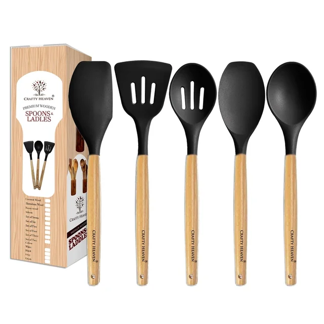 Silicone Spatula Set for Kitchen Ideal for Non-Stick Cooking Pans Ladles Natural Acacia Hard Wood Handle Turner Serving Cooking Spoon for Omelet Egg Dosa chapati Set of 5 (Black)