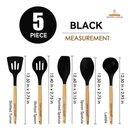 Silicone Spatula Set for Kitchen Ideal for Non-Stick Cooking Pans Ladles Natural Acacia Hard Wood Handle Turner Serving Cooking Spoon for Omelet Egg Dosa chapati Set of 5 (Black) - Standard, Black