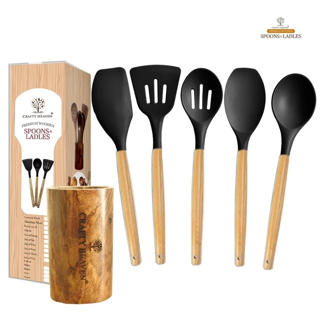 Silicone Spatula Set for Kitchen Ideal for Non-Stick Cooking Pans Ladles Natural Acacia Hard Wood Handle Turner Serving Cooking Spoon for Omelet Dosa chapati with Holder Set of 6 (Black)