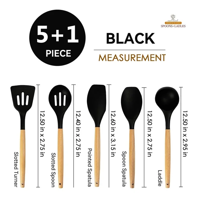 Silicone Spatula Set for Kitchen Ideal for Non-Stick Cooking Pans Ladles Natural Acacia Hard Wood Handle Turner Serving Cooking Spoon for Omelet Dosa chapati with Holder Set of 6 (Black) - Standard, Black