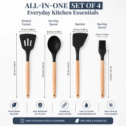 Silicone Spatula Set for Kitchen with Oil Brush Ideal for Non-Stick Cooking Pans Ladles Natural Acacia Hard Wood Handle Turner Serving Cooking Spoon for Omelet Dosa chapati Set of 4 (Black) - Standard, Black