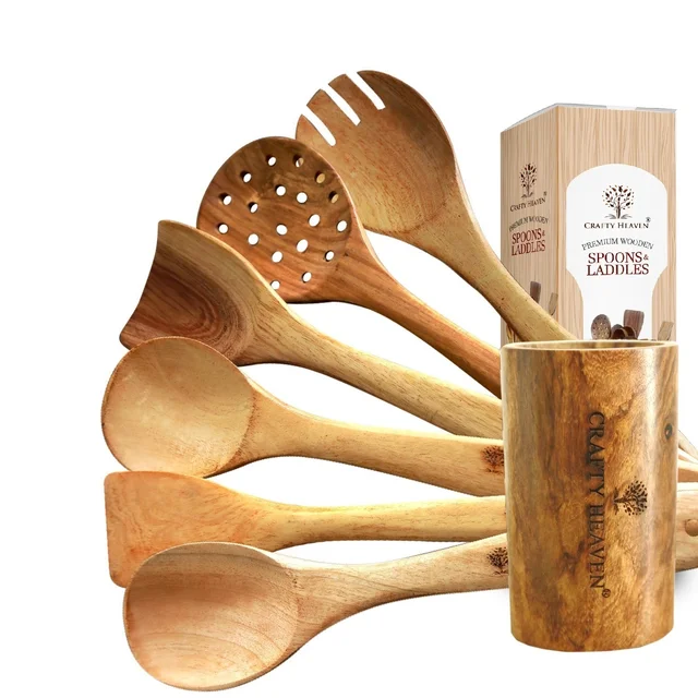 CRAFTY HEAVEN Natural Handmade Cooking Spoon Neem Wood Utensils with Holder Kitchen Tools Gift Set Of 7