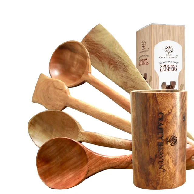 CRAFTY HEAVEN Neem Wooden Spoons Classic with holder Kitchen Tools Gift Set Of 6