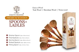 CRAFTY HEAVEN Natural Handmade Cooking Spoon Sheesham Wood Utensils Kitchen Tools Gift Set Of 5 - Brown