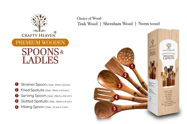 CRAFTY HEAVEN Natural Handmade Cooking Spoon Sheesham Wood Utensils Kitchen Tools Gift Set Of 5 - Brown