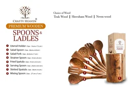 CRAFTY HEAVEN Natural Handmade Cooking Spoon Sheesham Wood Utensils with Holder Kitchen Tools Gift Set Of 8 - Standard, Brown