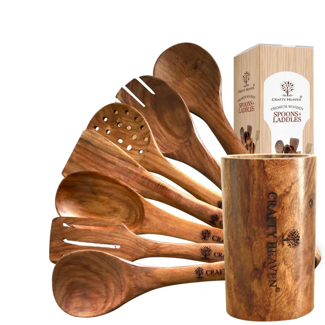 CRAFTY HEAVEN Natural Handmade Cooking Spoon Sheesham Wood Utensils with Holder Kitchen Tools Gift Set Of 8