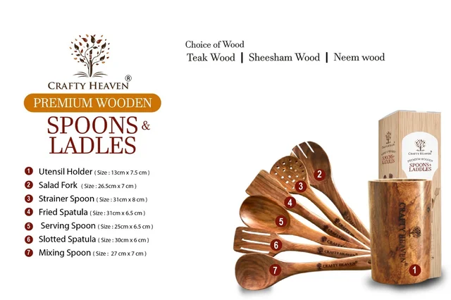 CRAFTY HEAVEN Natural Handmade Cooking Spoon Sheesham Wood Utensils with Holder Kitchen Tools Gift Set Of 7 - Standard, Brown