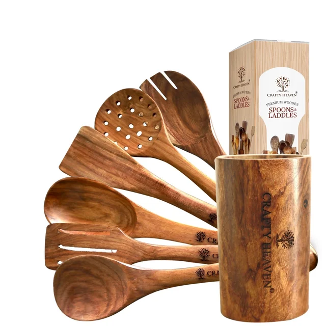 CRAFTY HEAVEN Natural Handmade Cooking Spoon Sheesham Wood Utensils with Holder Kitchen Tools Gift Set Of 7