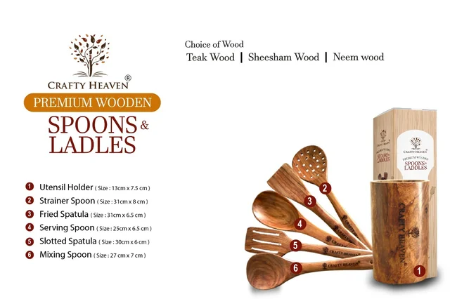 CRAFTY HEAVEN Natural Handmade Cooking Spoon Sheesham Wood Utensils with Holder Kitchen Tools Gift Set Of 6 - Standard, Brown