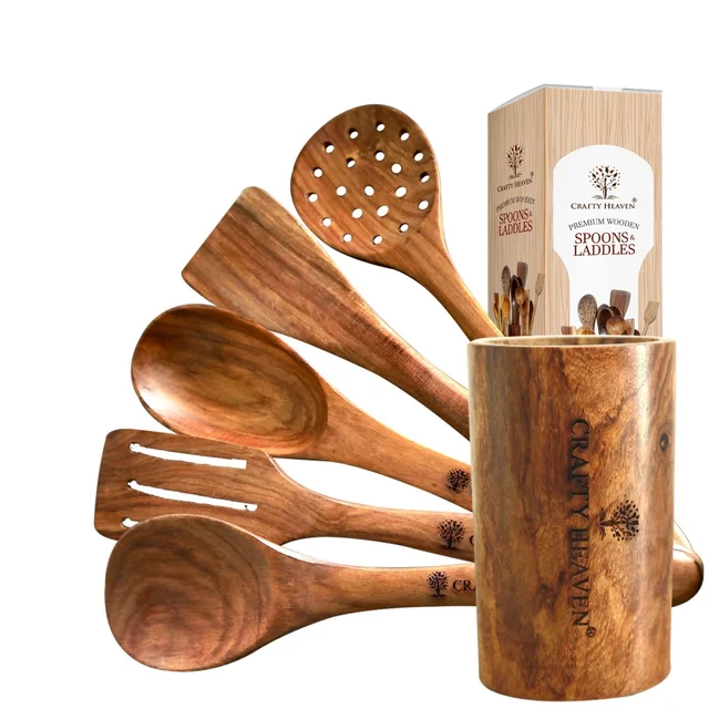 CRAFTY HEAVEN Natural Handmade Cooking Spoon Sheesham Wood Utensils with Holder Kitchen Tools Gift Set Of 6