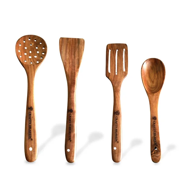 Crafty Heaven Sheesham Wooden Cooking Utensil, Lakdi Chamach, Spatuala, Laddle Set of 4