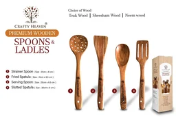 Crafty Heaven Sheesham Wooden Cooking Utensil, Lakdi Chamach, Spatuala, Laddle Set of 4 - Standard, Brown