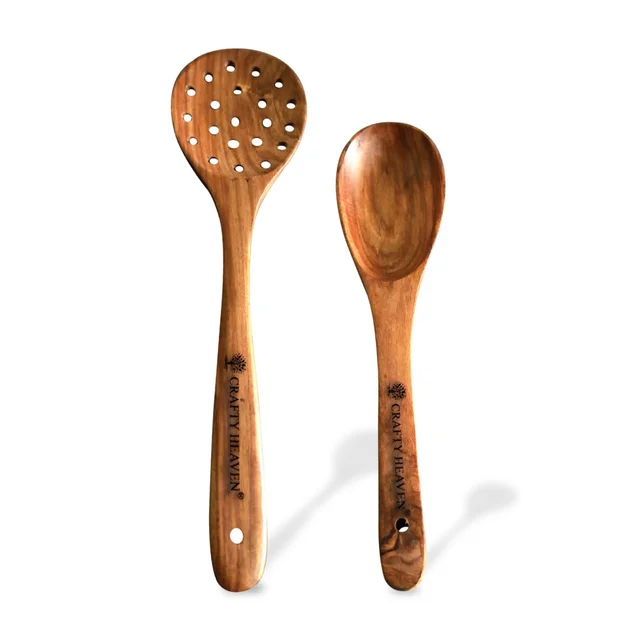 Crafty Heaven Sheesham Wooden Cooking Utensil, Lakdi Chamach, Spatuala, Laddle Set of 2
