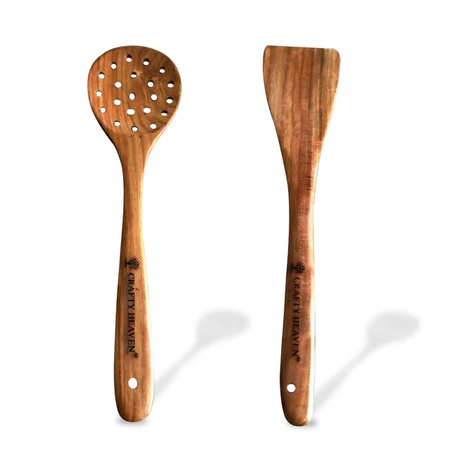 Crafty Heaven Sheesham Wooden Cooking Utensil, Lakdi Chamach, Spatuala, Laddle Set of 2