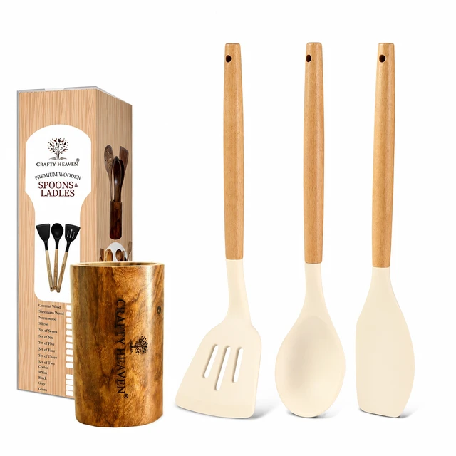 Silicone Spatula Set for Kitchen Ideal for Non-Stick Cooking Pans Ladles Natural Acacia Hard Wood Handle Turner Serving Cooking Spoon for Omelet Dosa chapati with Wooden Holder Set of 4 (Ivory)