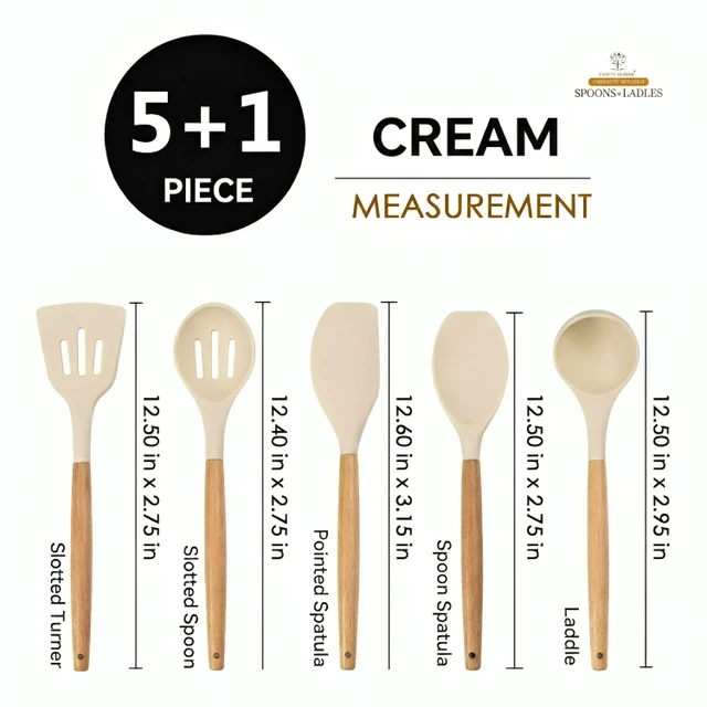 Silicone Spatula Set for Kitchen Ideal for Non-Stick Cooking Pans Ladles Natural Acacia Hard Wood Handle Turner Serving Cooking Spoon for Omelet Egg Dosa chapati Set of 6 (Cream) - Standard, Cream