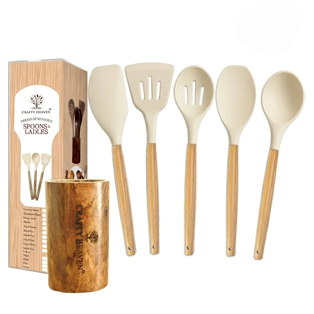 Silicone Spatula Set for Kitchen Ideal for Non-Stick Cooking Pans Ladles Natural Acacia Hard Wood Handle Turner Serving Cooking Spoon for Omelet Egg Dosa chapati Set of 6 (Cream)