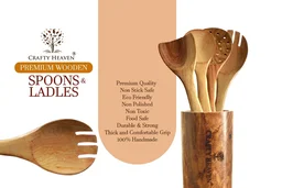 CRAFTY HEAVEN Wooden Spoons for Kitchen Classic Design Cooking Spoon Neem Wood Utensils with Holder and Oil Spreader Kitchen Tools Gift Set Of 8 - Yellow