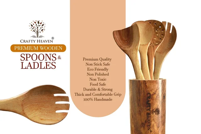 CRAFTY HEAVEN Wooden Spoons for Kitchen Classic Design Cooking Spoon Neem Wood Utensils with Holder and Oil Spreader Kitchen Tools Gift Set Of 8 - Yellow